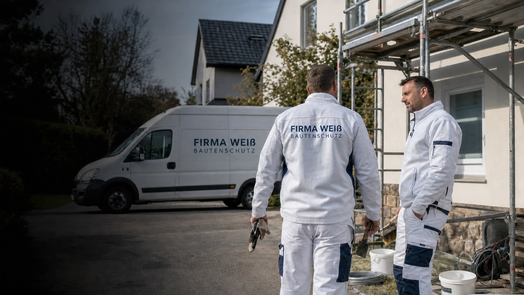 Handwerker der Firma Weiß in weißer Arbeitskleidung