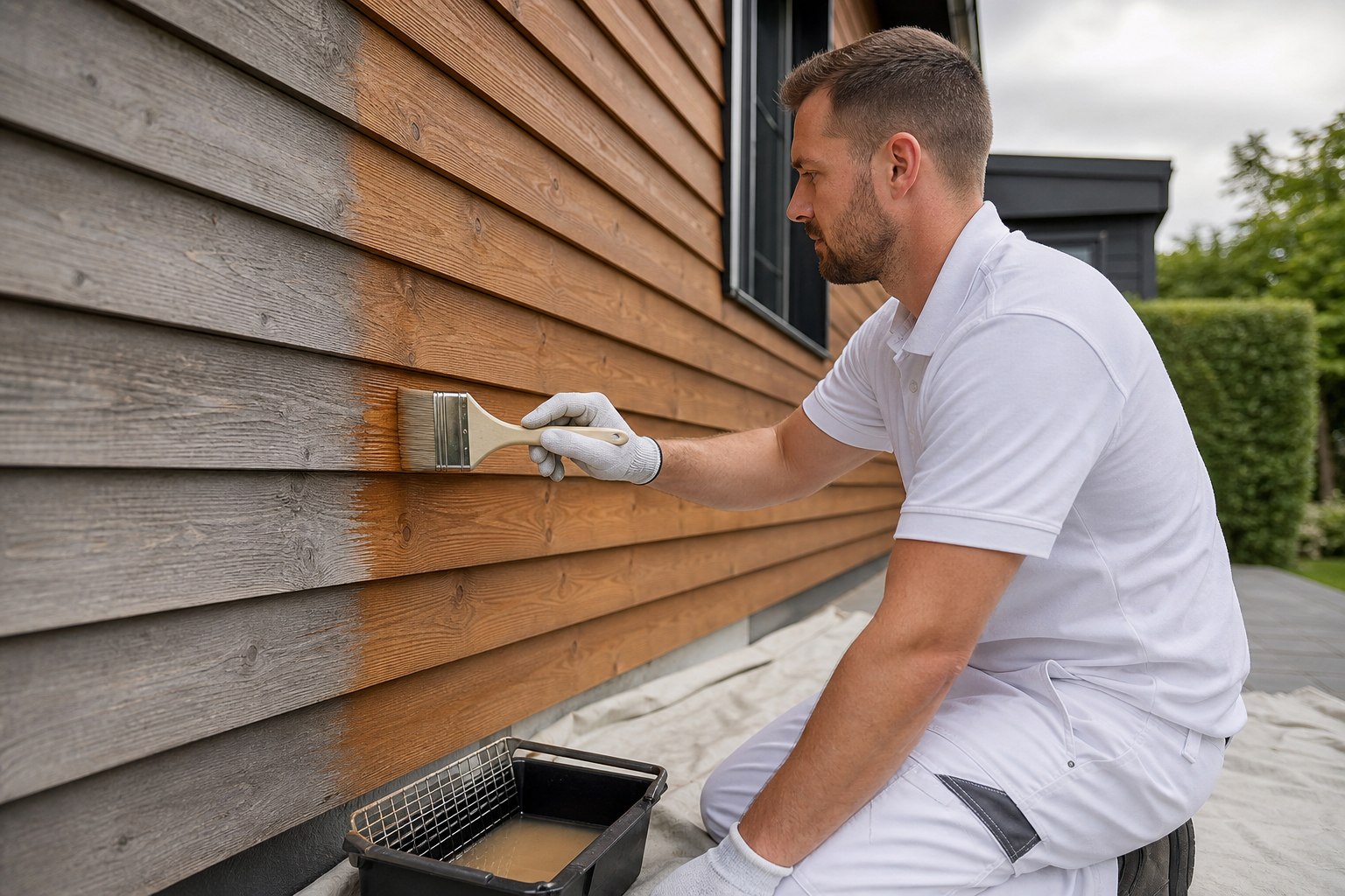 Handwerker in weißer Arbeitskleidung trägt Holzschutz auf eine Holzfassade auf